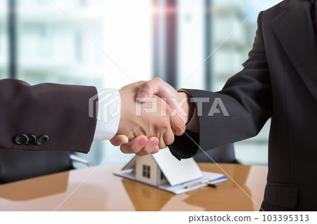 Two real estate agents, shaking hands, virtual tour, business partners sealing deal with handshake, closing contract for rent sales house. Generative AI 103395313