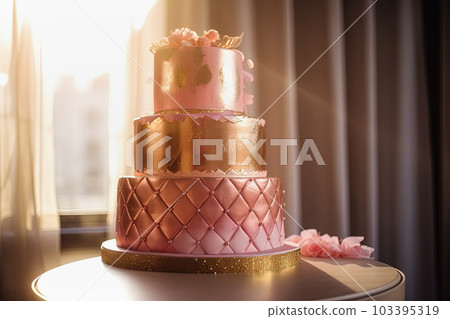 Festive wedding cake on table. Pink and gold frosting and pearl icing. Luxury room background. Generative AI 103395319