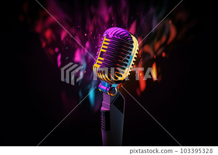 Microphone on black background with neon light. Mic design for singer, entrepreneur, podcast, voice artist. Generative AI Microphone on black background with neon light. Mic design for singer, entrepreneur, podcast, voice artist. Generative AI 103395328