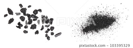 particles of charcoal isolated on white background with full depth of field particles of charcoal isolated on white background with full depth of field 103395329