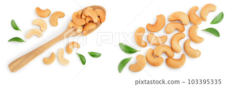 Roasted Cashew nuts in wooden spoon isolated on white background with full depth of field. Top view. Flat lay 103395335