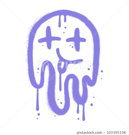 Trippy psychedelic smiling emoji in 90s urban graffiti style. Melting smiling face with tongue. Psychedelic surreal techno acid LSD melt smile emoticon. Dripping smile. Good mood. Textured Vector 103395336