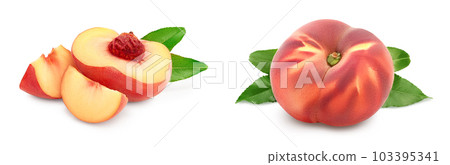 half and slice of ripe chinese flat peach with leaf isolated on white background half and slice of ripe chinese flat peach with leaf isolated on white background 103395341