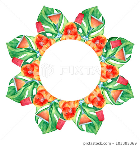 wreath of ice cream, cocktail, monstera, lovebird parrot painted in watercolor isolated white background hand drawn 103395369