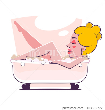 Woman takes bath. Young girl in bathroom relaxes in hot water with foam. Cosmetic SPA procedures, beauty and hygiene. Routine and daily activities, happy person. Cartoon flat illustration 103395777