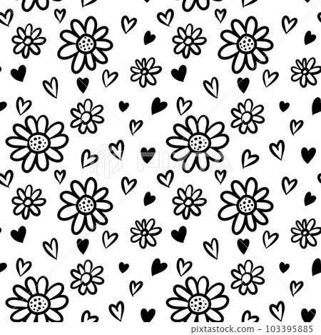 Vector seamless hand drawn flowers and hearts pattern. Floral card with leaves 103395885