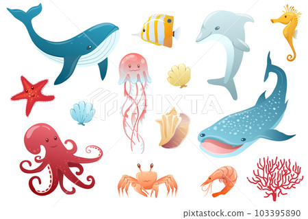 under the sea set. Ocean collection with whale, shark, crab, octopus, fish 103395890
