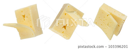 A set of large pieces of cheese with a cut slice on a white background. Cheese for pizza. Sliced piece of cheese on a white background close-up. Insert into a design or project. 103396201