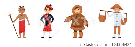 Boy Character Wearing Traditional Ethnic Clothing of Various Countries Vector Set Boy Character Wearing Traditional Ethnic Clothing of Various Countries Vector Set 103396424