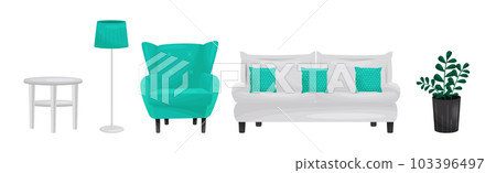 Room Interior Design Elements with Chair, Lamp, Armchair, Sofa and Houseplant Vector Set 103396497