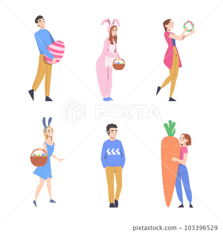 Happy Easter with Cheerful People Celebrating Holiday Vector Set Happy Easter with Cheerful People Celebrating Holiday Vector Set 103396529