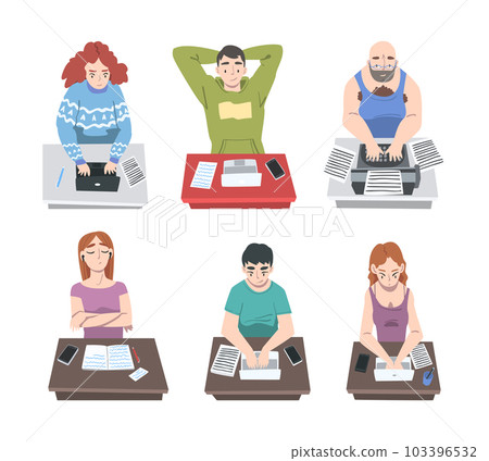 Professional Journalist at Desk Writing Article or Post on Laptop and Typewriter Vector Illustration Set Professional Journalist at Desk Writing Article or Post on Laptop and Typewriter Vector Illustration Set 103396532
