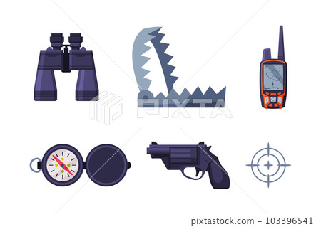 Hunting with Compass, Binoculars, Pistol, Shooting Aim, Trap and Radio Vector Set 103396541