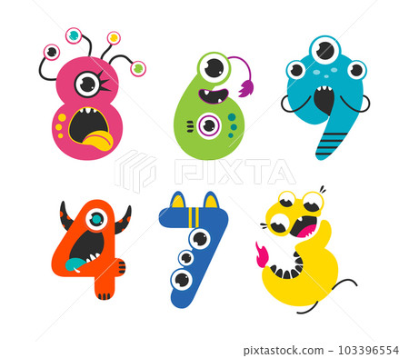 Funny Monsters Colorful Numbers and Cute Fantasy Aliens in the Shape of Numerals Vector Set 103396554