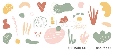 Organic hand drawn shapes. Abstract design elements with floral decor. Minimal organic background in pastel color. Art form for social media stories, banner. Contemporary style. Vector illustration Organic hand drawn shapes. Abstract design elements with floral decor. Minimal organic background in pastel color. Art form for social media stories, banner. Contemporary style. Vector illustration 103396558