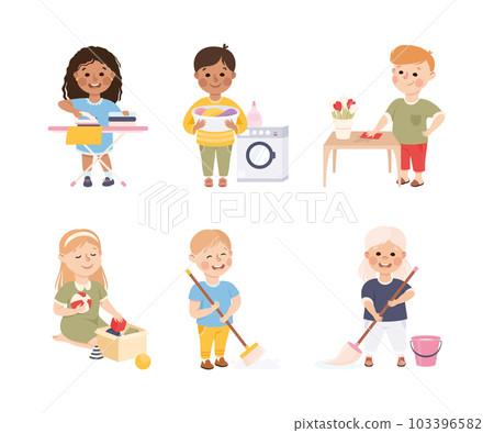 Little Boy and Girl Engaged in Cleanup and Housekeeping Activity Vector Set 103396582
