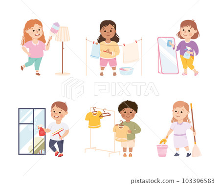 Little Boy and Girl Engaged in Cleanup and Housekeeping Activity Vector Set Little Boy and Girl Engaged in Cleanup and Housekeeping Activity Vector Set 103396583