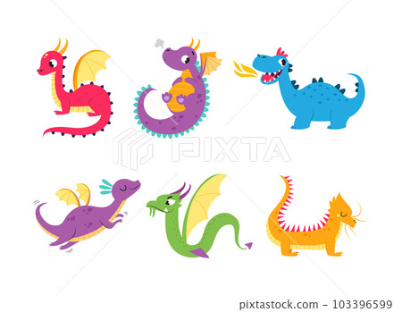 Fire Breathing Baby Dragon with Wings and Tail Vector Set 103396599