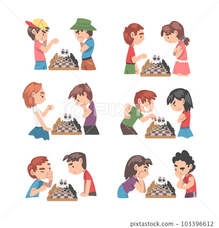 Cute Boy and Girl Character Sitting and Playing Chess Vector Set 103396612