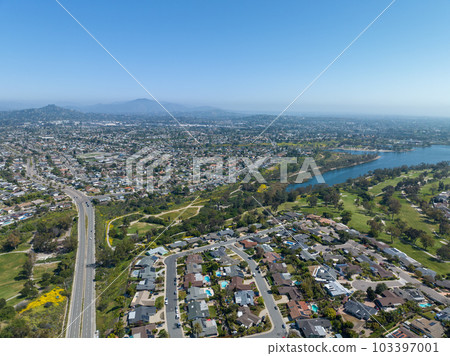 Aerial view of house around Lake Murray reservoir in San Diego, California Aerial view of house around Lake Murray reservoir in San Diego, California 103397001