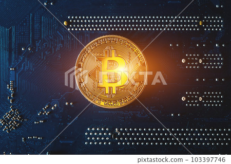 golden bitcoin cryptocurrency coin on electronic chip background 103397746
