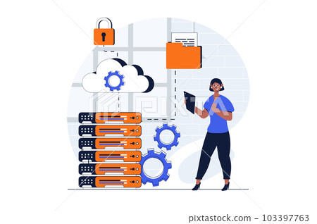Cloud data center web concept with character scene. Woman working in hardware room of servers and hosting. People situation in flat design. Illustration for social media marketing material. 103397763