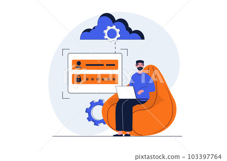 Cloud data center web concept with character scene. Man gets password access to cloud computing and storage. People situation in flat design. Illustration for social media marketing material. 103397764