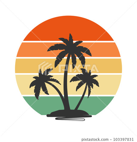 Vintage Sunset with island silhouette with palm trees. Circle in retro boho style. Illustration, sticker, scrapbook icon. Minimal abstract art. Vector 103397831