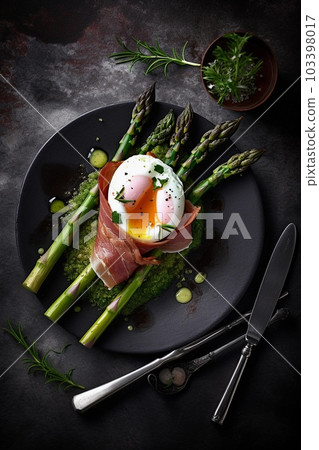 Egg with green asparagus and bacon. Fast lunch and breakfast ideas, summer food,created with Generative AI technology. 103398017