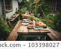 Wooden table with fresh food in a garden, preparations for garden picninc created with Generative AI technology. 103398027