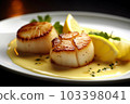 Close up of pan seared diver scallops with lemon beurre blanc, created with Generative AI technology. 103398041