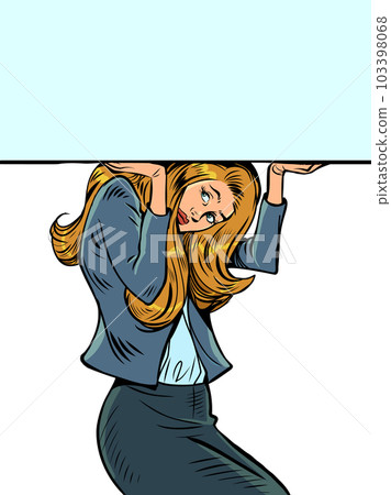 Pressure on office workers. Offers of services, goods for hard workers . Neat office lady is holding a banner from above. Pop Art Retro 103398068