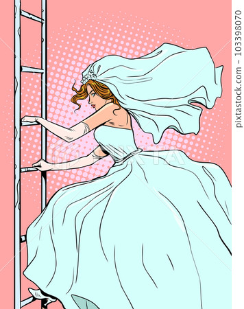 Escape from prejudice. The desire to move forward in self-development. The bride goes up or down the stairs. Pop Art Retro Escape from prejudice. The desire to move forward in self-development. The bride goes up or down the stairs. Pop Art Retro 103398070