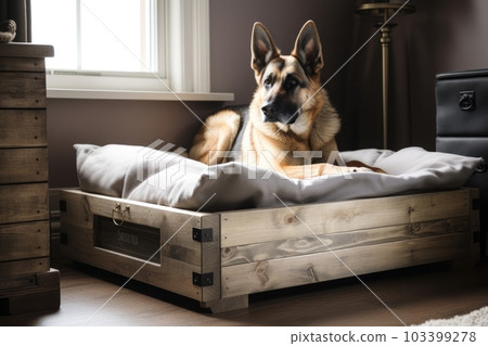 wooden pet bed with plush blanket and metal dog tag, created with generative ai 103399278
