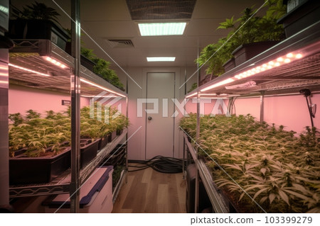 high-tech grow room with automated lighting, temperature, and humidity controls, created with generative ai 103399279