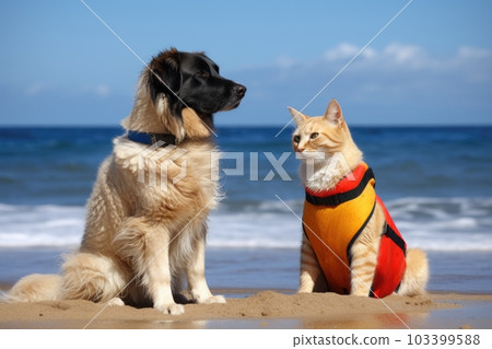 dog and cat lifeguards protecting their flock from the dangers of the deep blue sea, created with generative ai 103399588