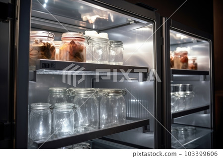 close-up of a well-kept walk-in refrigerator with glass shelves and metallic handles, created with generative ai 103399606