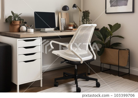 organized home office with sleek desk, ergonomic chair, and tidy filing cabinet, created with generative ai organized home office with sleek desk, ergonomic chair, and tidy filing cabinet, created with generative ai 103399706