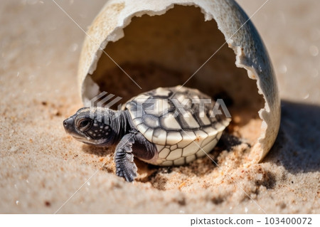 sea turtle hatchling leaving eggshell behind and emerging into the world, created with generative ai 103400072