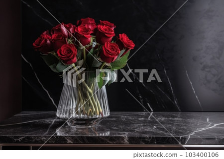 red roses in a crystal vase on a black marble table, created with generative ai 103400106