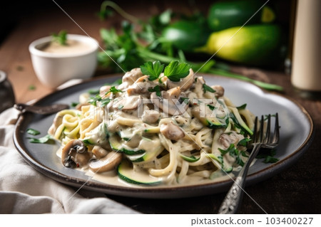plate of zucchini spaghetti with creamy mushroom sauce, created with generative ai plate of zucchini spaghetti with creamy mushroom sauce, created with generative ai 103400227