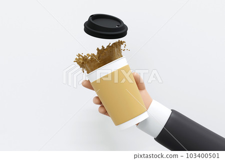 Hand holding paper coffee cup with blank labels, mock up, 3D rendering. 103400501