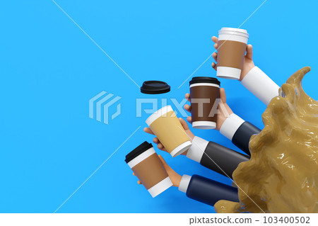 Hand holding paper coffee cup with blank labels over coffee liquid splash, mock up, 3D rendering. 103400502