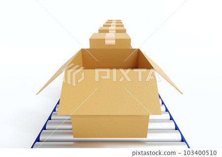 Cardboard box parcel on conveyor belt, production ling automated machine on white, 3D rendering. Cardboard box parcel on conveyor belt, production ling automated machine on white, 3D rendering. 103400510