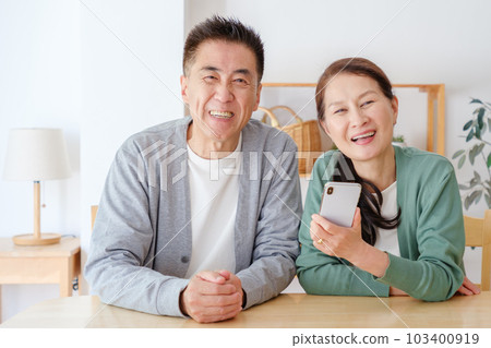 使用智能手機的老年夫婦的肖像 103400919