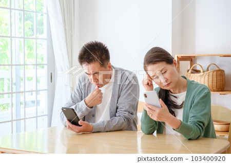 A senior couple using a smartphone with a troubled expression A senior couple using a smartphone with a troubled expression 103400920