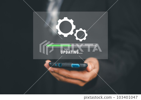 Update progress concept, Person waiting for installing update process with loading bar icon on virtual screen on smart phone. 103401047