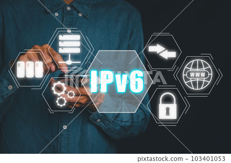 New IPv6 Internet Protocol larger address space for connected devices on network, Person using smartphone with IPv6 icon on virtual screen. New IPv6 Internet Protocol larger address space for connected devices on network, Person using smartphone with IPv6 icon on virtual screen. 103401053