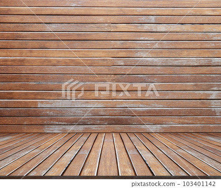 Blank space interior wooden horizontal lines background behind wood floor. Wood texture blank space. Blank space interior wooden horizontal lines background behind wood floor. Wood texture blank space. 103401142