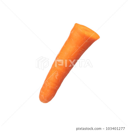 Carrot fresh full length fly in air. Beta Carotene orange color in Carrot is good health. Natural raw surface of carrot with root. White background isolated, high speed shutter 103401277